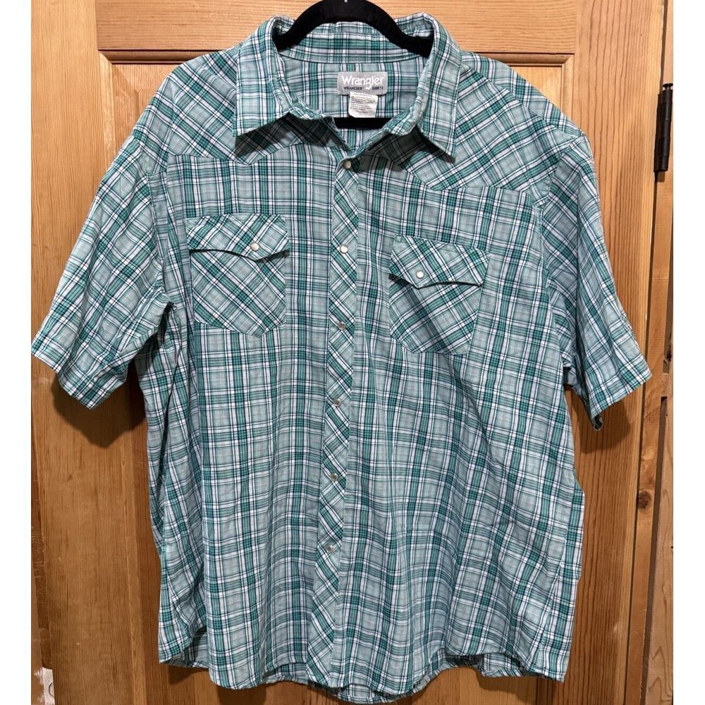 Vintage Wrangler Wrancher Mens Shirt Green Pearl Snap Western Plaid 2XXL